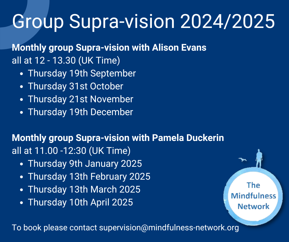 Monthly Group Supra-vision 2024/2025 With Alison Evans all at 12.00 – 13.30 (UK time) Thursday 19th September Thursday 31st October Thursday 21st November Thursday 19th December With Pamela Duckerin all at 11.00 -12:30 (UK time) Thursday 9th January 2025 Thursday 13th February 2025 Thursday 13th March 2025 Thursday 10th April 2025